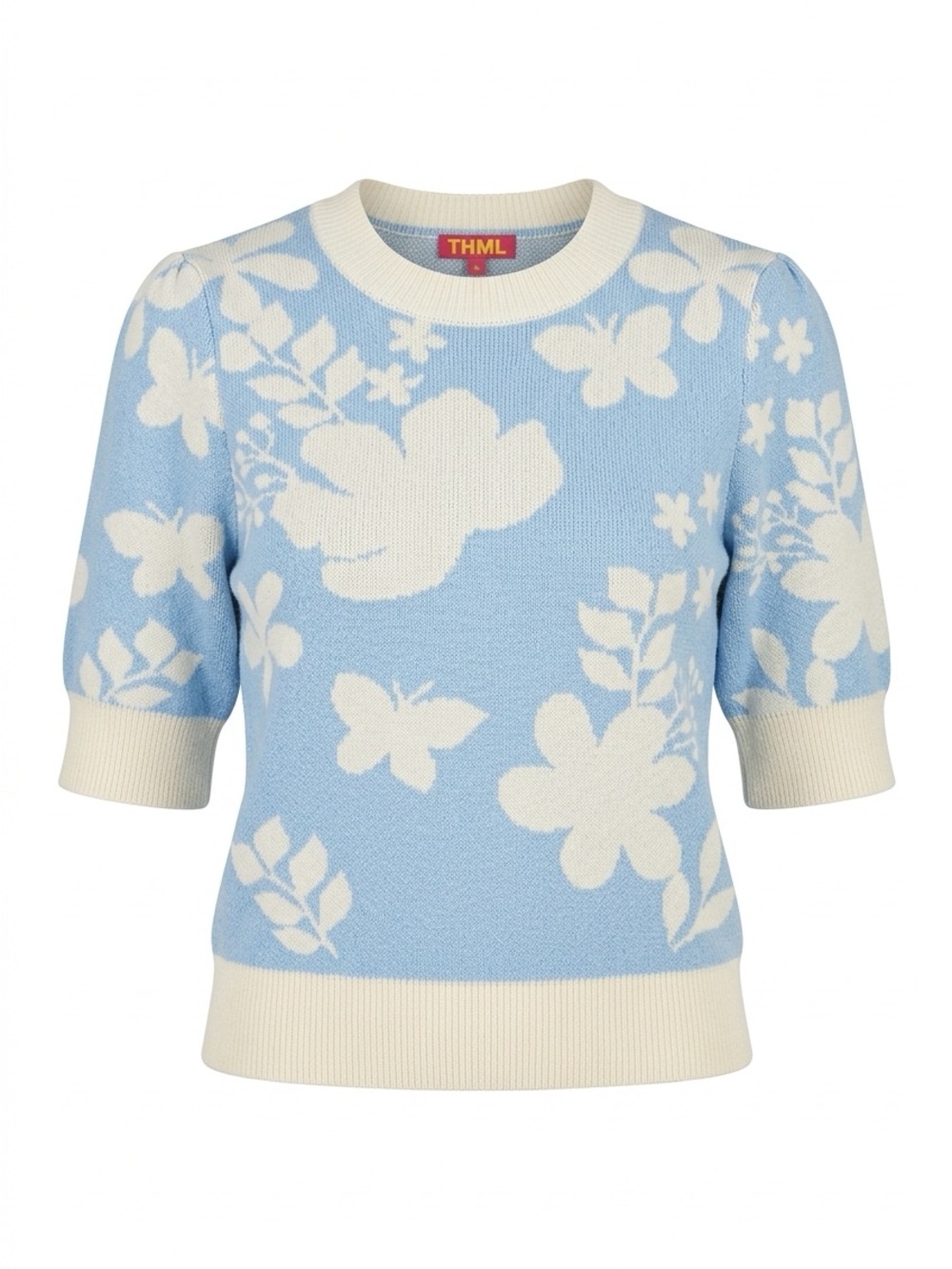 THML Women’s Large Blue & Ivory Floral Butterfly Puff Sleeve Knit Sweater Top - Picture 3 of 13